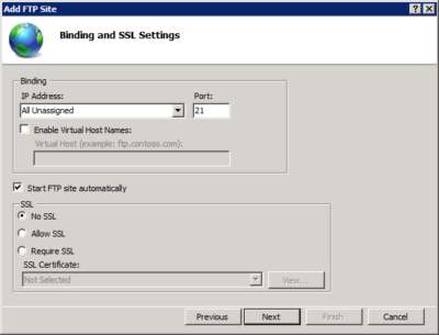 FTP Binding and SSL Settings