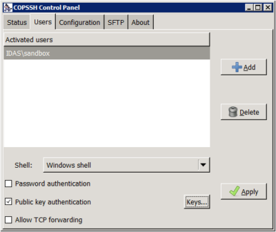 Copssh Control Panel - Activated users